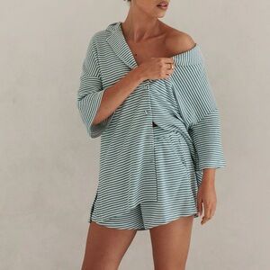 SABO Women’s XL Mallory Top and Shorts Pajama Set Teal White Oversized Lounge